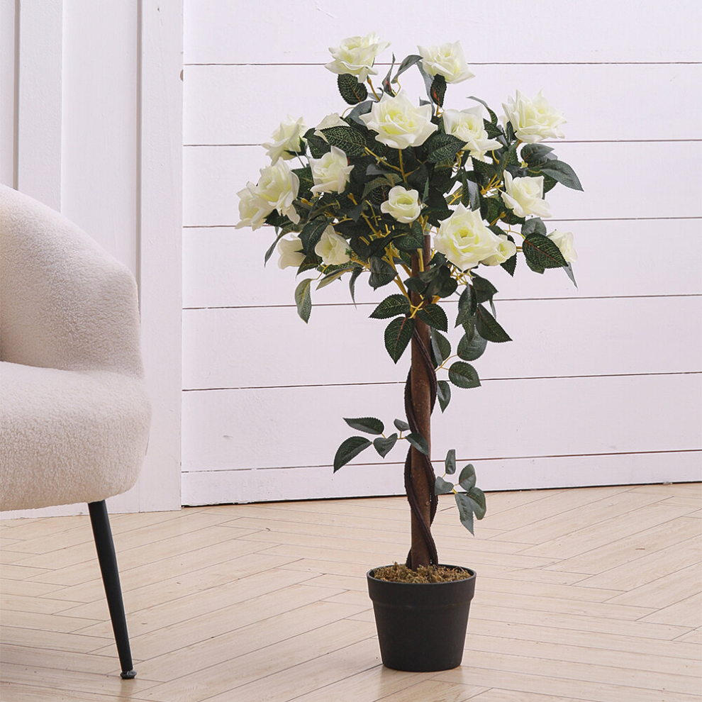 (White) 90cm Artificial Rose Flower Tree in Pot for Decoration