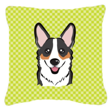 Checkerboard Lime Green Corgi Fabric Decorative Pillow- 14 x 14 In.