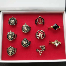 (  10Pcs Magic Rings Gift Set) 15pc Harry Potter Collect Box Magic Wand Badge Necklace Set Dumbledore Xmas Gift