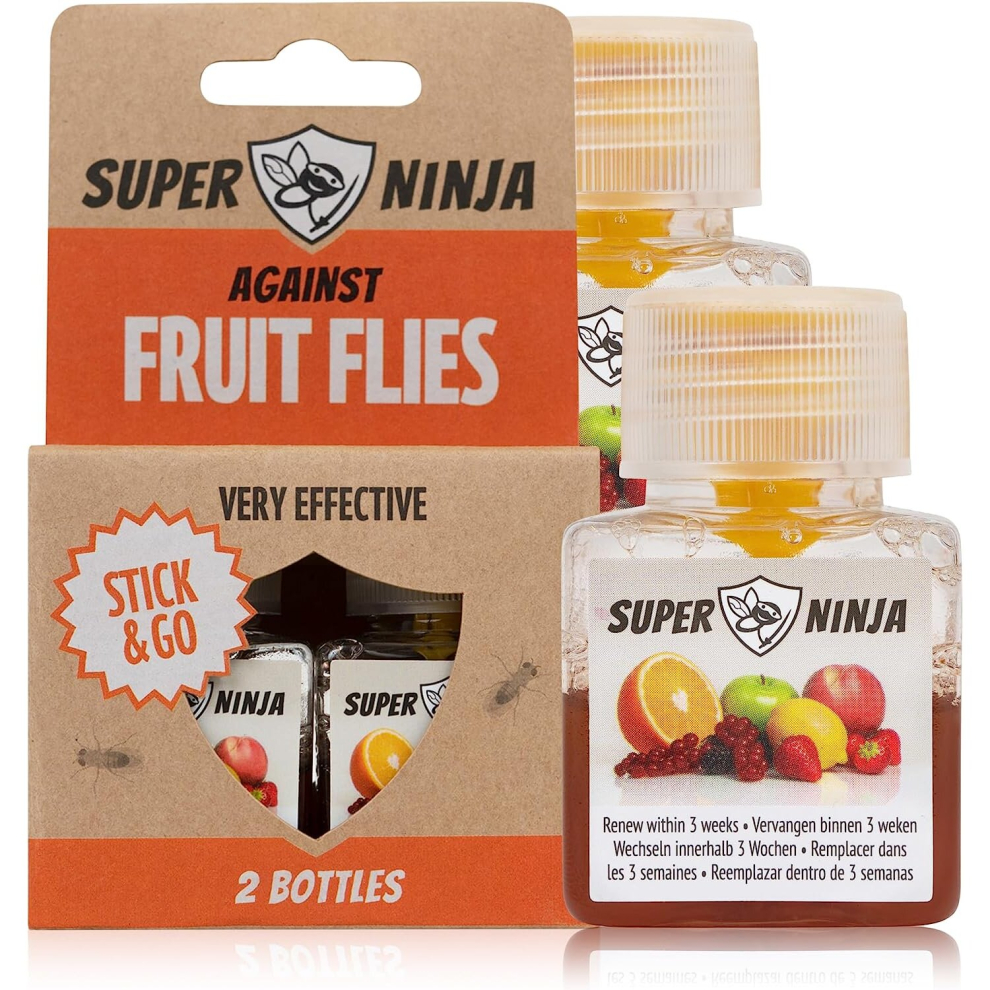 Super Ninja Fruit Fly Killer 2 Pack - Environmentally Responsible Highly Effective Ecological Traps Indoor User Friendly Up To 3 Weeks Per Bottle