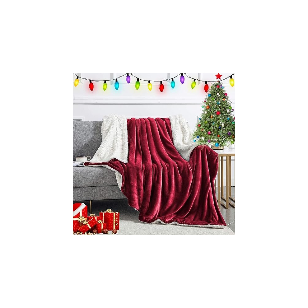 (Burgundy, Large - 200x240 cm) Soft Sherpa Fleece Blankets Warm Sofa Bed Throw