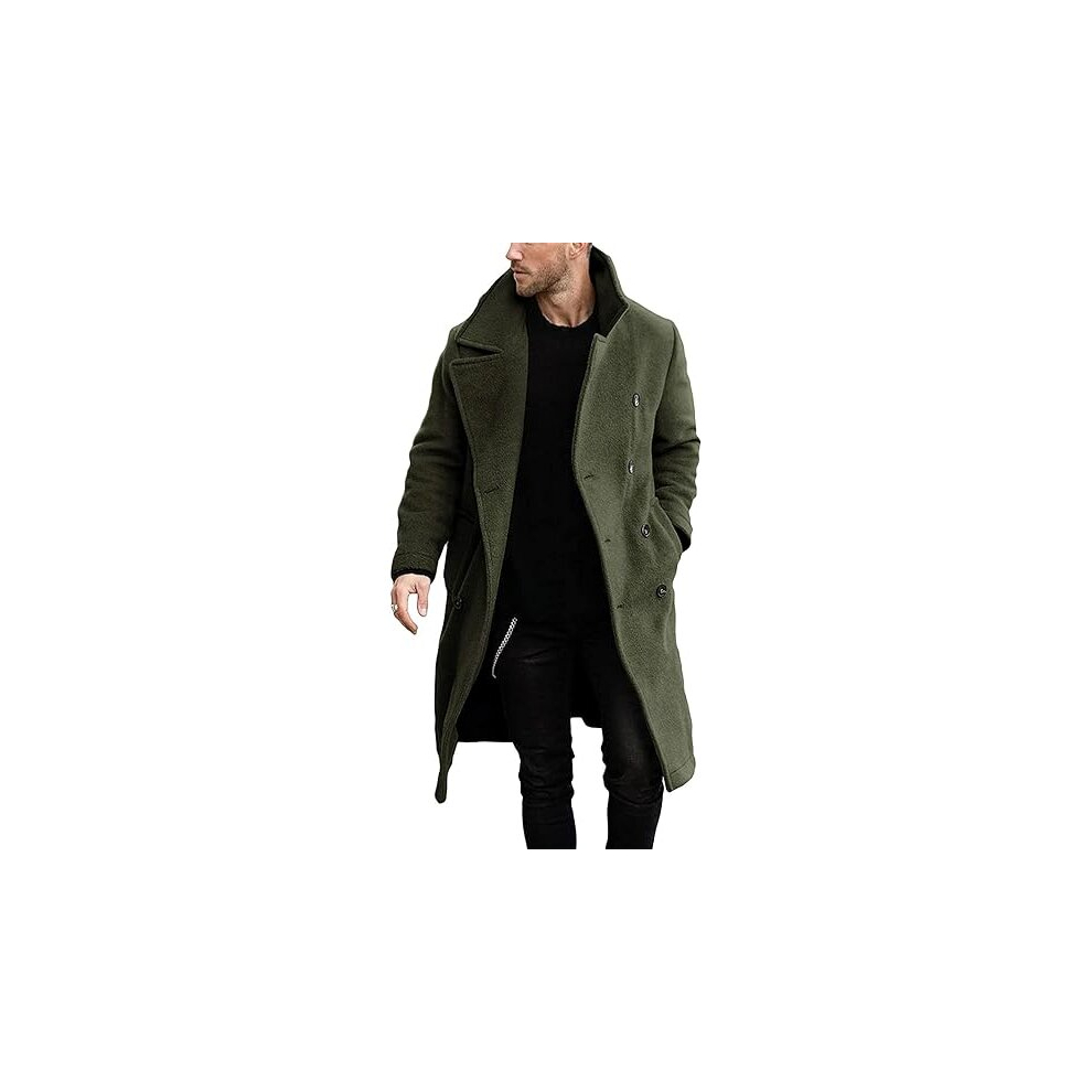 (XXL, Green) Mens Long Lapel Double Breasted Wool Trench Coat Smart Business Winter Jacket Overcoat