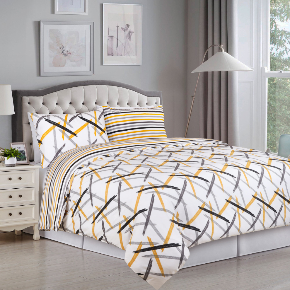 (Ochre Stripe, Double) Reversible Duvet Quilt Cover Bedding Set With Pillow Cases Single Double King