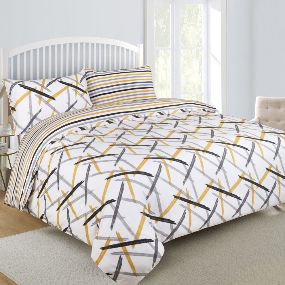 (Ochre Stripe, Super King) Reversible Duvet Quilt Cover Bedding Set With Pillow Cases Single Double King