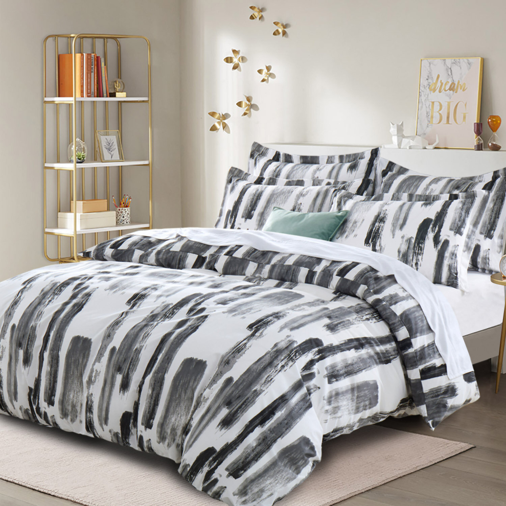 (Stripe Grey, Double) Reversible Duvet Quilt Cover Bedding Set With Pillow Cases Single Double King