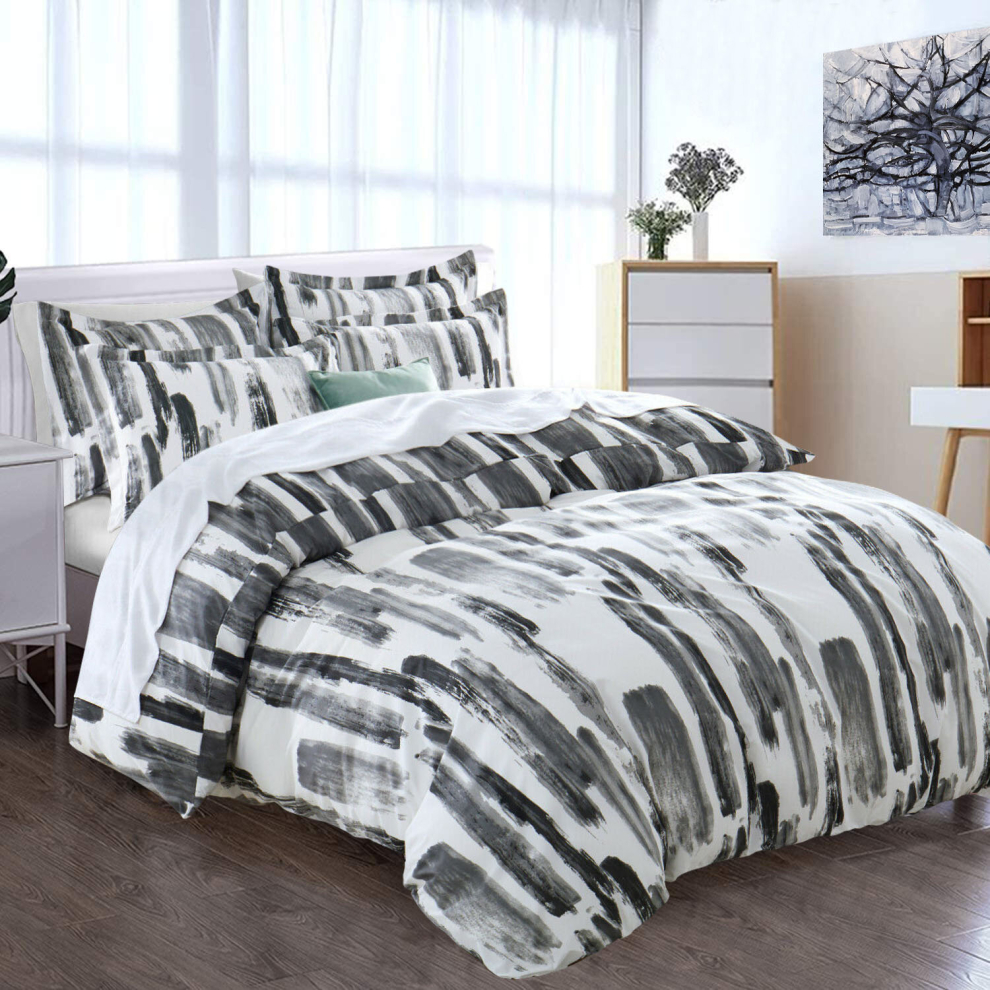 (Stripe Grey, King) Reversible Duvet Quilt Cover Bedding Set With Pillow Cases Single Double King