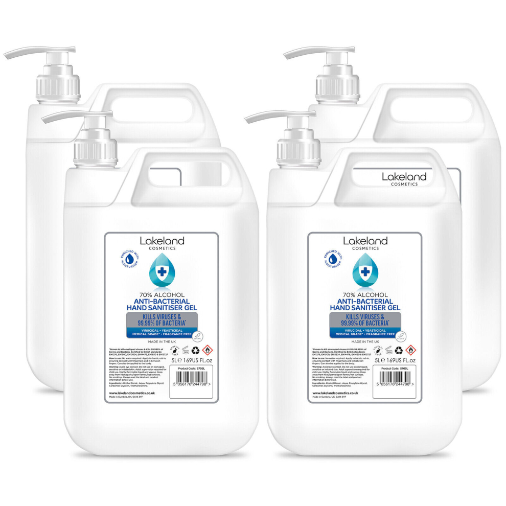 Lakeland Cosmetics Hand Sanitiser Gel With Pump Dispenser - 4X 5 Litres - 70% Alcohol Surgical/Medical Grade - Anti-Bacterial Hand Hygiene Gel Rub, Sanitizer (Pack Of 4)
