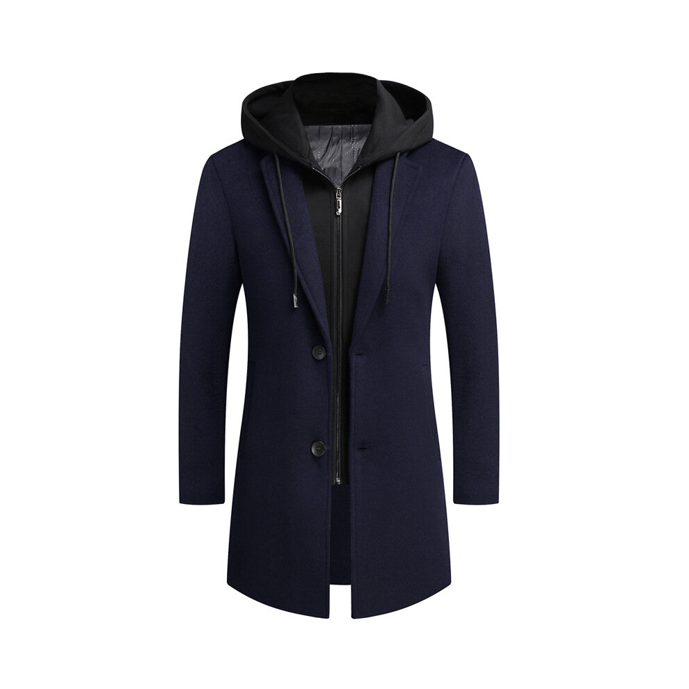 (L, Blue) Men's Wool Woolen Coat Long Trench Coat Winter Casual Jacket Slim Fit Overcoat