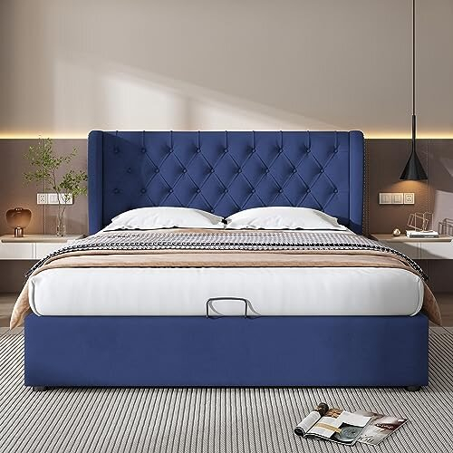 (Blue) Velvet Double Bed Frame 4FT6 with Storage 2