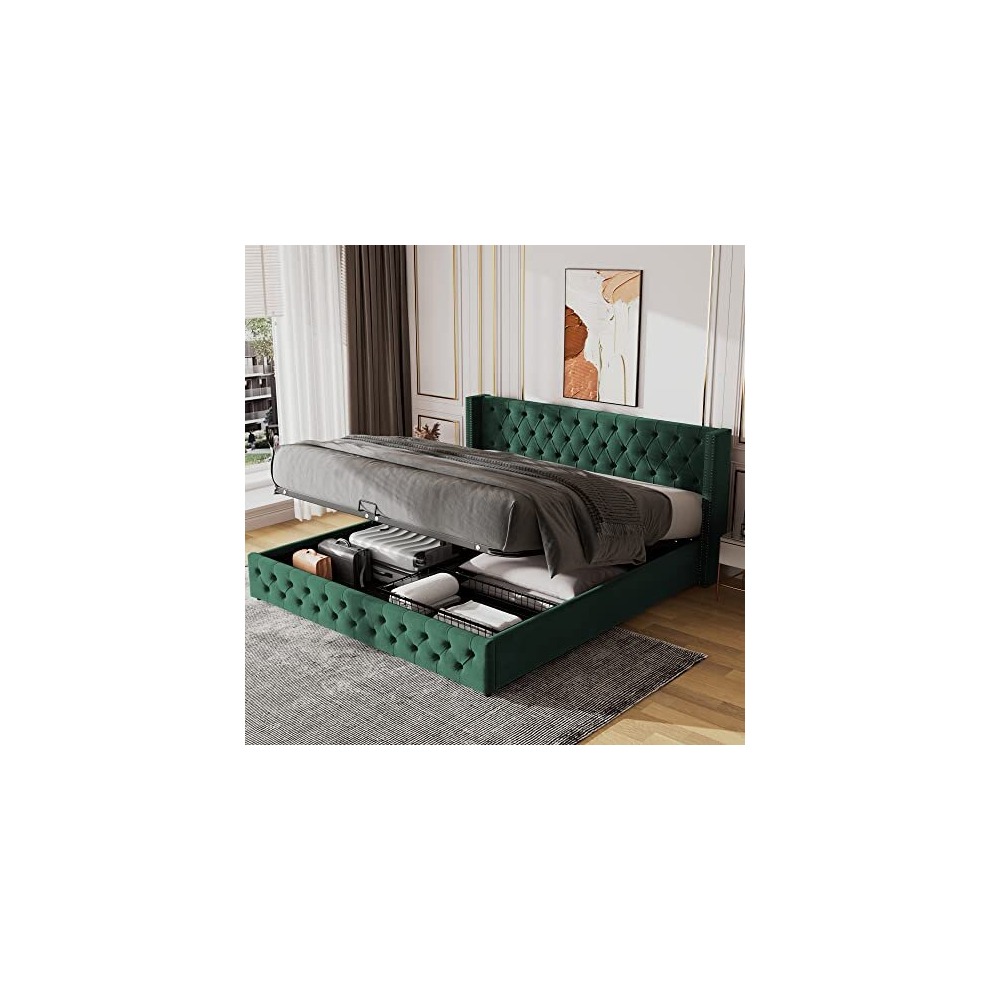 (Green) Velvet Double Bed Frame 4FT6 with Storage