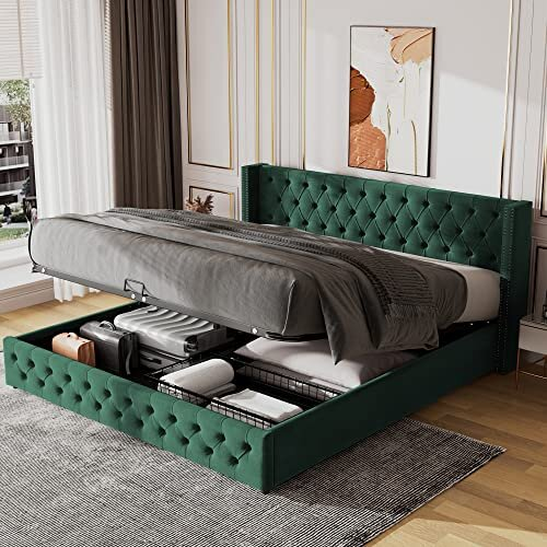 (Green) Velvet Double Bed Frame 4FT6 with Storage 1