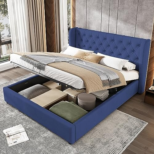 (Blue) Velvet Double Bed Frame 4FT6 with Storage