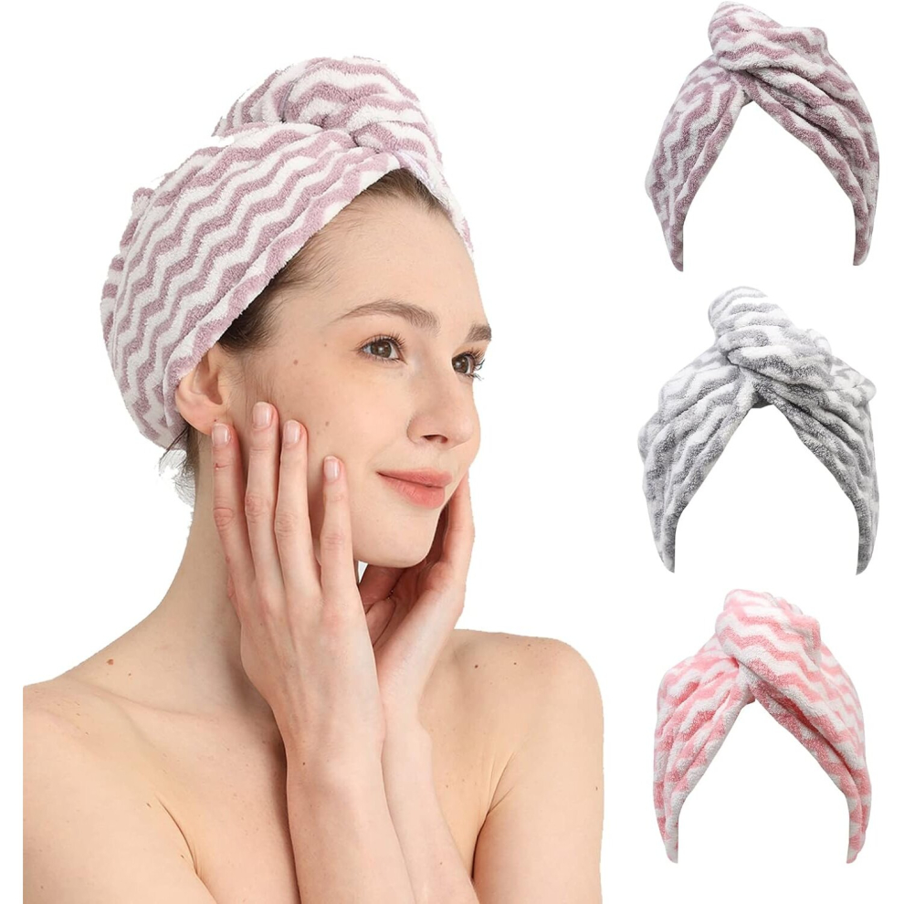 (Type 2) 3 Pack Microfibre Hair Towel Wrap Super Absorbent Quick Drying Hair Turban Towels With Buttons Microfibre Towels Multicoloured