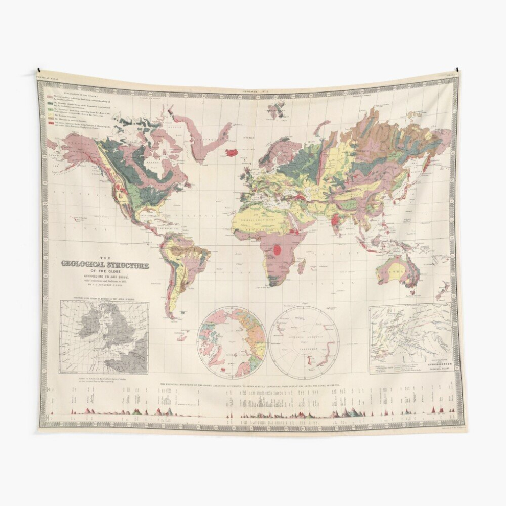 Tapestry 60x50inch Vintage Geological Map of The World (1856) Wall Hanging Art Décor Living Room