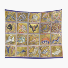 Tapestry 60x50inch MEDIEVAL BESTIARY, FANTASTIC ANIMALS IN GOLD RED BLUE COLORS Wall Hanging Art Décor Living Room