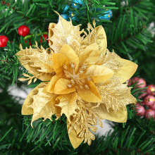 (gold) 10 Pcs Christmas Flowers, Artificial Wedding Holiday Scene Layout Flowers Decoration Christmas Tree Garland Rattan Ornament