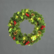 60cm Pre Lit Artificial Wreath with Pine Cones & Berries