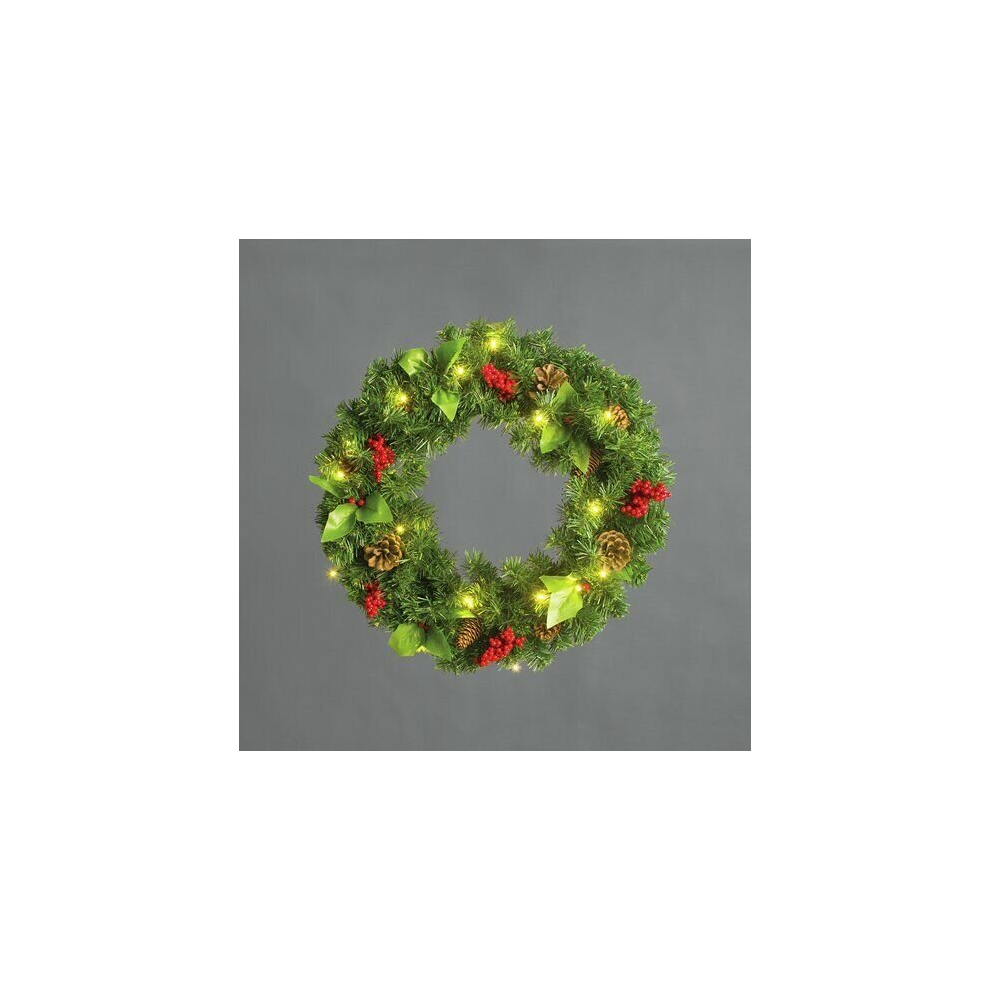 Snow Time 60Cm Pre Lit Artificial Wreath With Pine Cones & Berries
