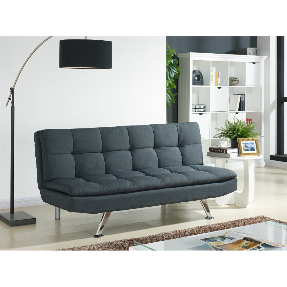 Padded Charcoal Grey Sofa Bed Fabric 3 Seater  Chrome Legs Cube Design