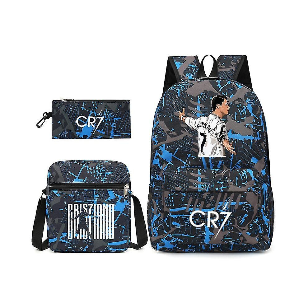 (Huahua 3, Shoulder bag pencil case) Football Star C Ronaldo Cr7 Printed Backpack Around The Student Three-piece Backpack.