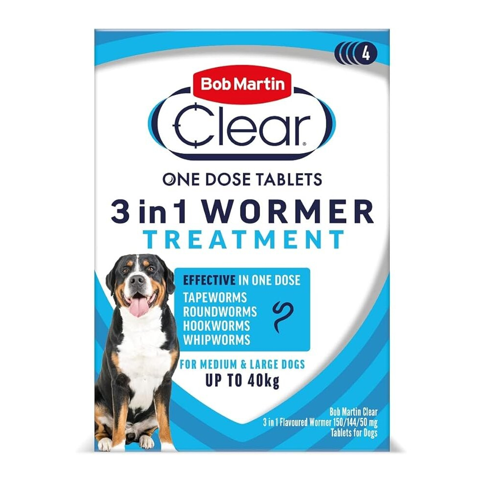 Bob Martin Clear   3 in 1 Wormer Tablets for Small, Medium & Large Dogs (up to 40kg) Clinically Proven Treatment (4 Tablets)