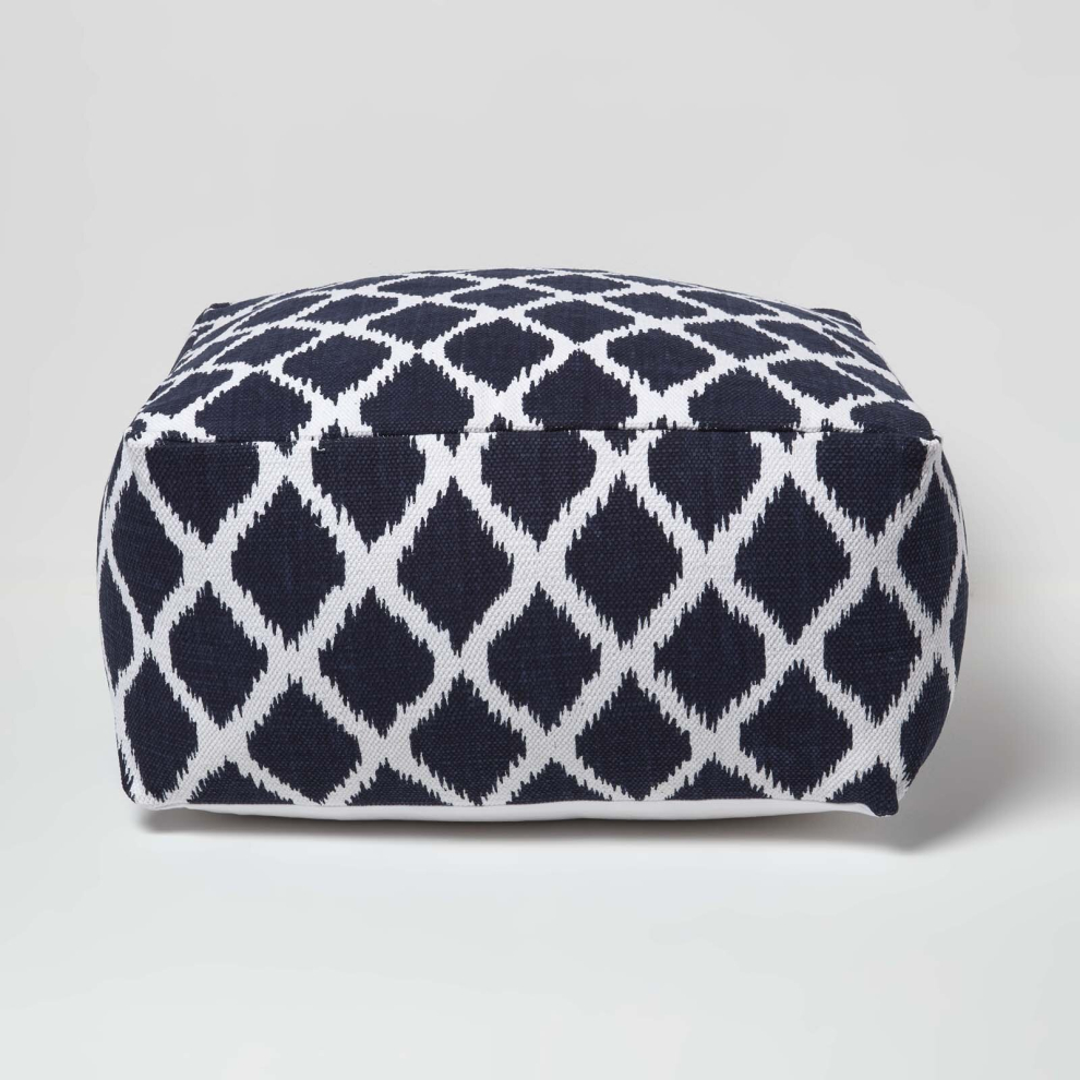 (60 x 60 x 30 cm) Ikat Design Blue and Natural Colour Bean Filled Pouffe and Footstool