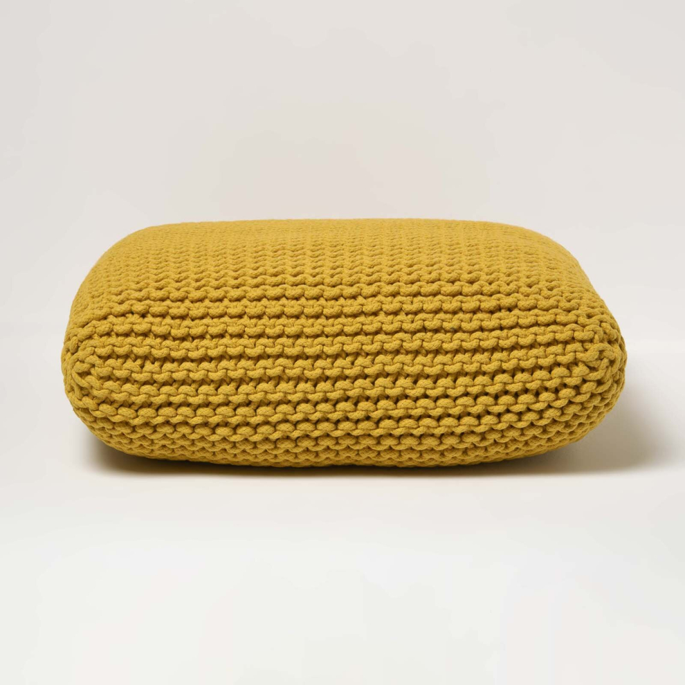 (Yellow) Knitted Cotton Pouffe Floor Cushion Square