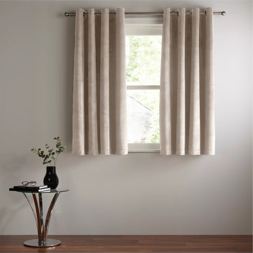 Imperial Rooms (Beige) Short Curtains Pair Thick Velvet Eyelet Ring Top