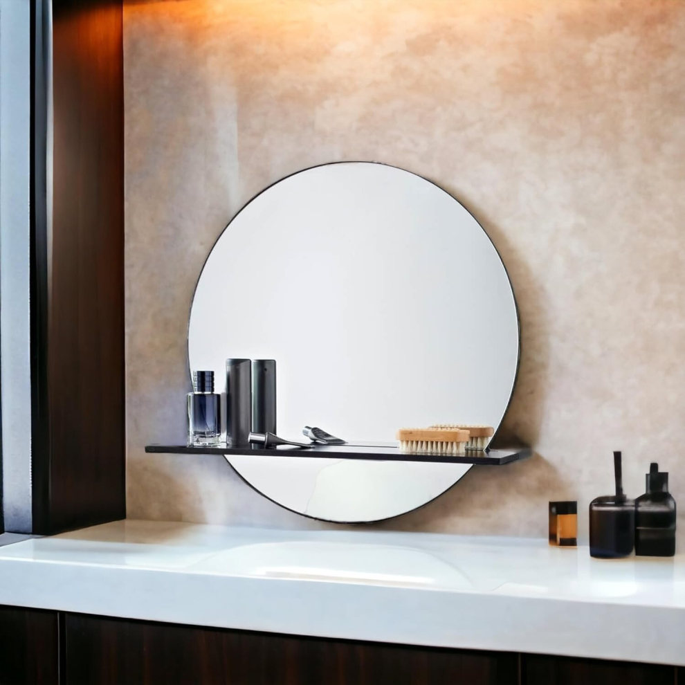 Black Round Bathroom Mirror With Cosmetics Shelf Wall Mounted