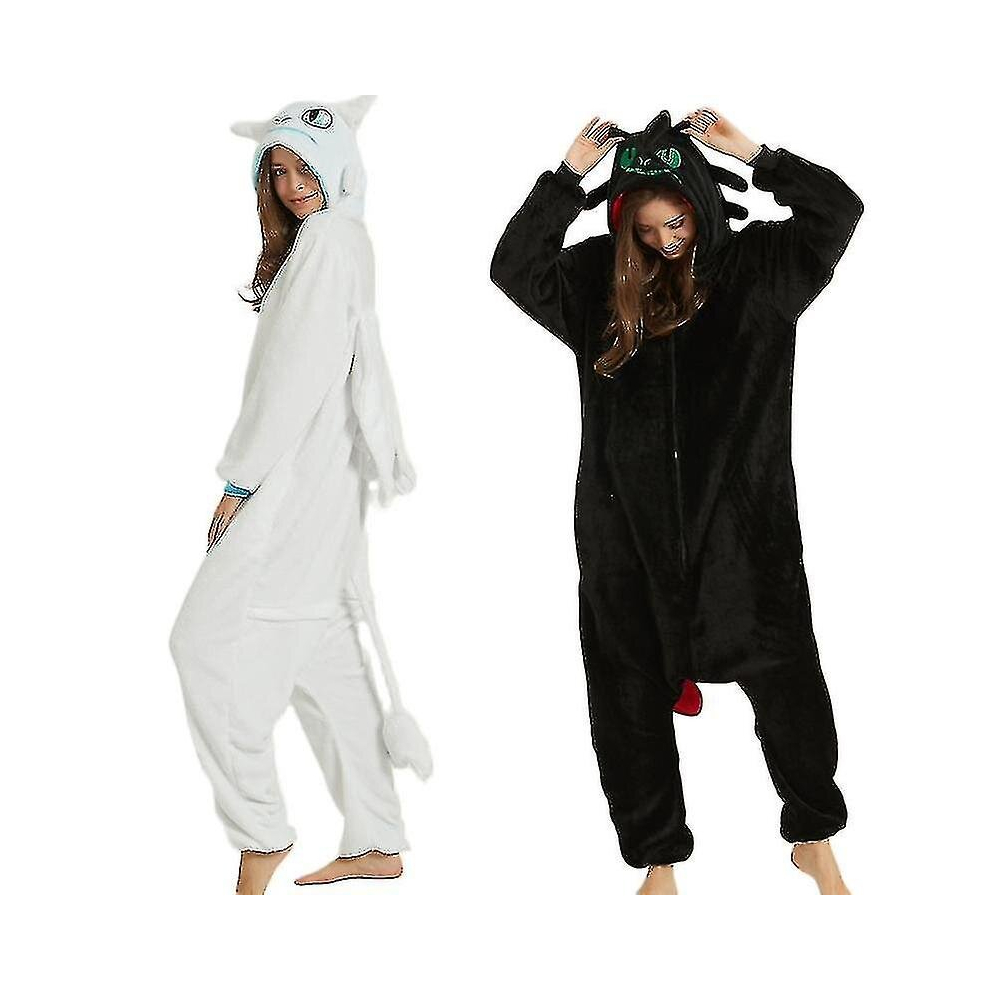 (Black, 115 120*130Cm) Toothless Dragon White Black Onesie Adult Unisex Flannel Pajama Anime Cosplay Costume Train Your Night Fury Sleepwear V-Mxbc White,Black