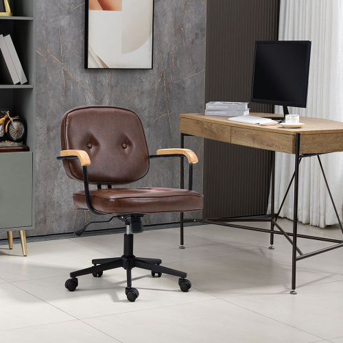 Living And Home Brown Leather Office Chair with Wood Armrests