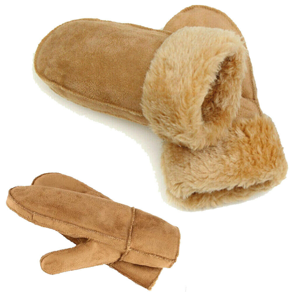 Womens Thermal Sheepskin Gloves Winter Warm Mittens w/ Fold Back Cuff