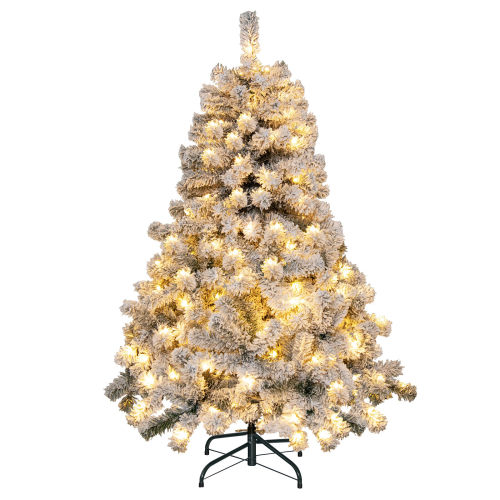 Costway 4.5FT Pre-Lit Flocked Christmas Tree Snowy Xmas Tree w/ 150 LED Lights
