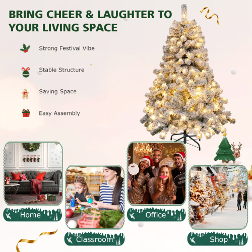 Costway 4.5FT Pre-Lit Flocked Christmas Tree Snowy Xmas Tree w/ 150 LED Lights 2