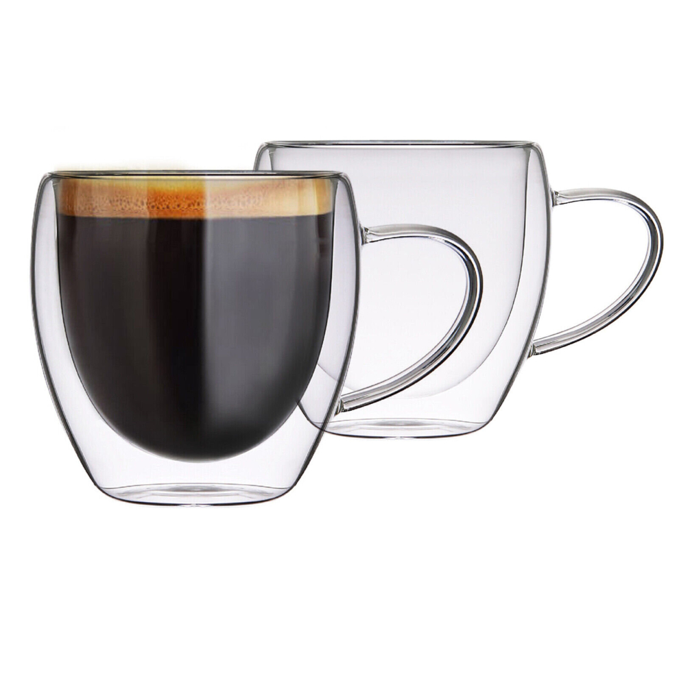 (250ml x 2PC - Handle) Double Wall Insulated Glasses Coffee Glass Mug Tea