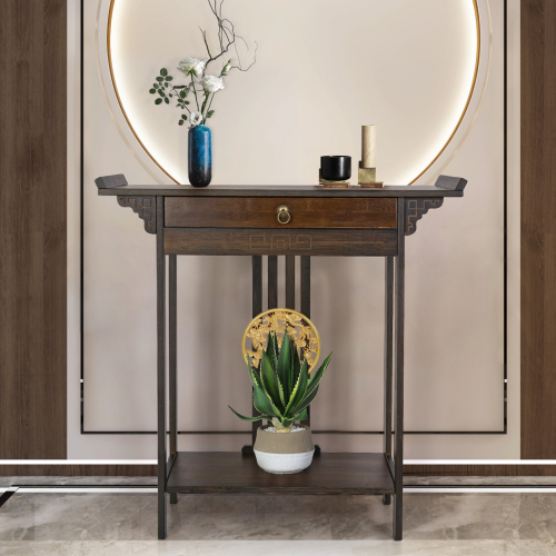 2 Tiers Classic Bamboo Console Table with Drawer Hallway Living Room 1