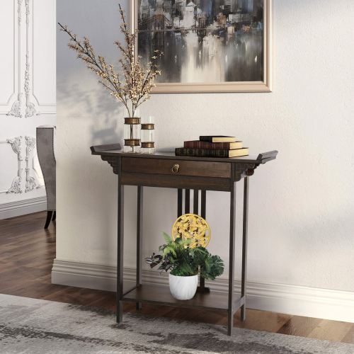 2 Tiers Classic Bamboo Console Table with Drawer Hallway Living Room 2