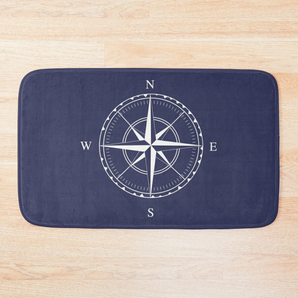 Bath Mat Navy Blue and White Nautical Ships Compass Rose 20 x 31 inch Non-slip Bathroom