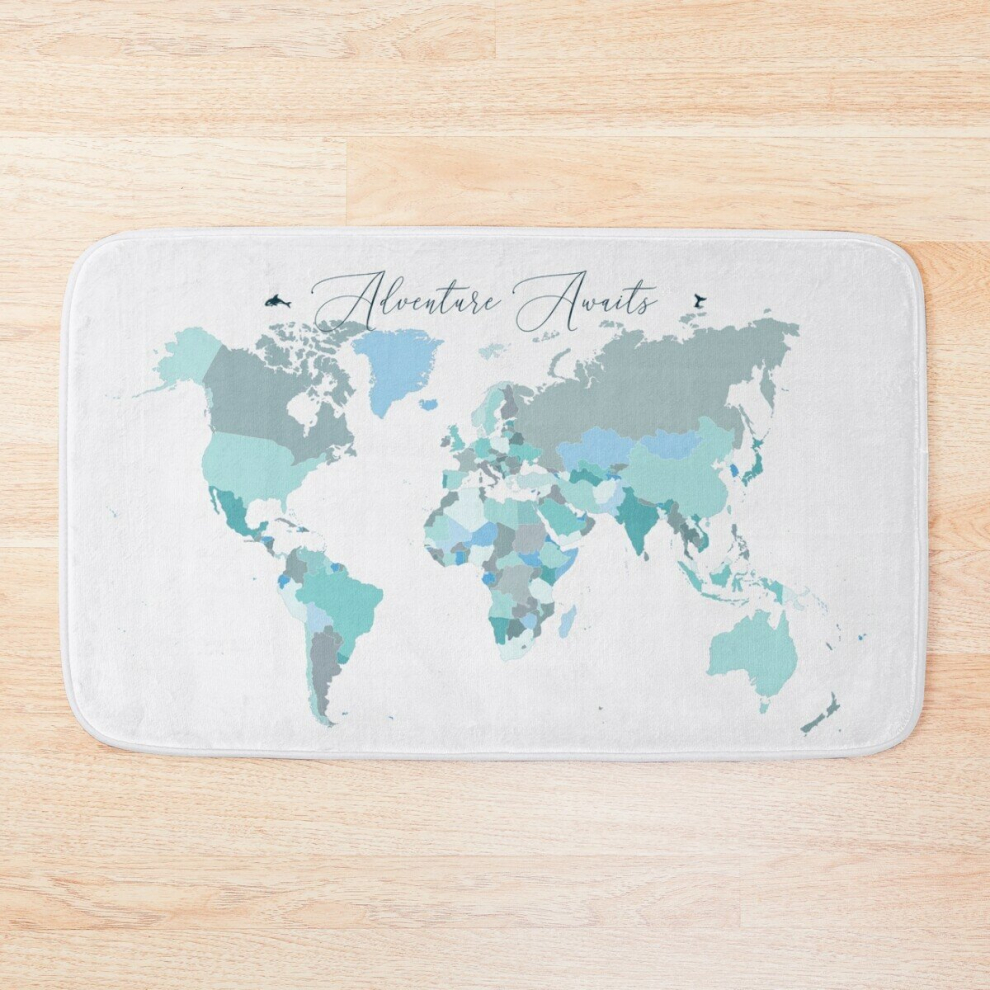 Bath Mat Adventure Awaits World Map in Teal 20 x 31 inch Non-slip Bathroom