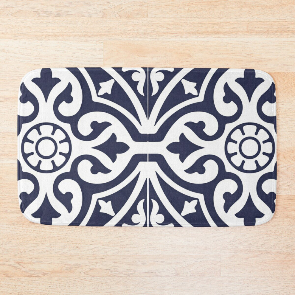 Bath Mat Hamptons Blue and White Moroccan Talavera Tile 20 x 31 inch Non-slip Bathroom-image-OPC-PCPZBD2-NEW