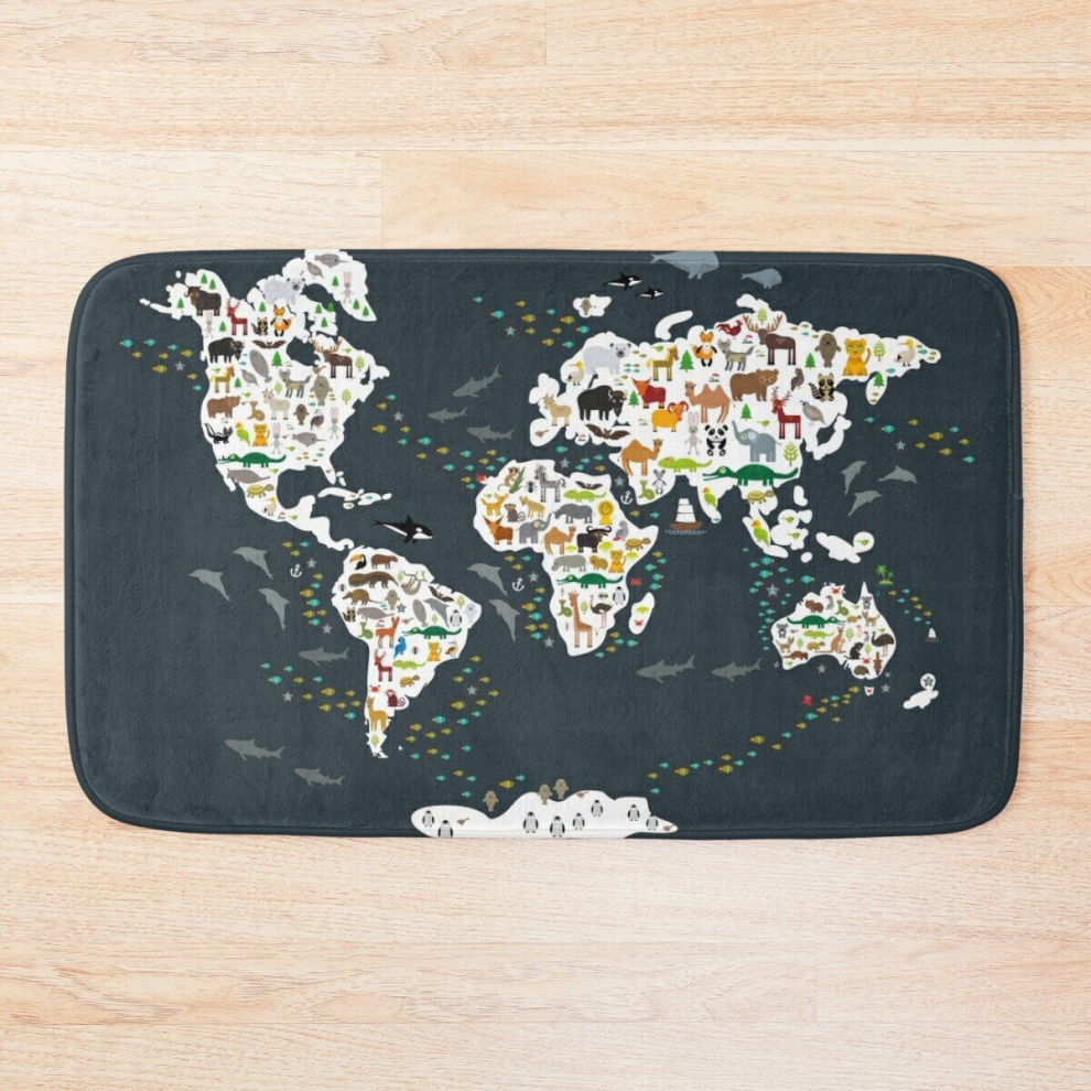 Bath Mat Cartoon animal world map, back to schhool. Animals from all over the world, dark grey. Scandinavian decor 20 x 31 inch Non-slip Bathroom-image-OPC-PCPZBWK-NEW