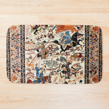 Bath Mat Blue Antique Persian Isfahan Silk Rug with Flowers Animals Print 20 x 31 inch Non-slip Bathroom