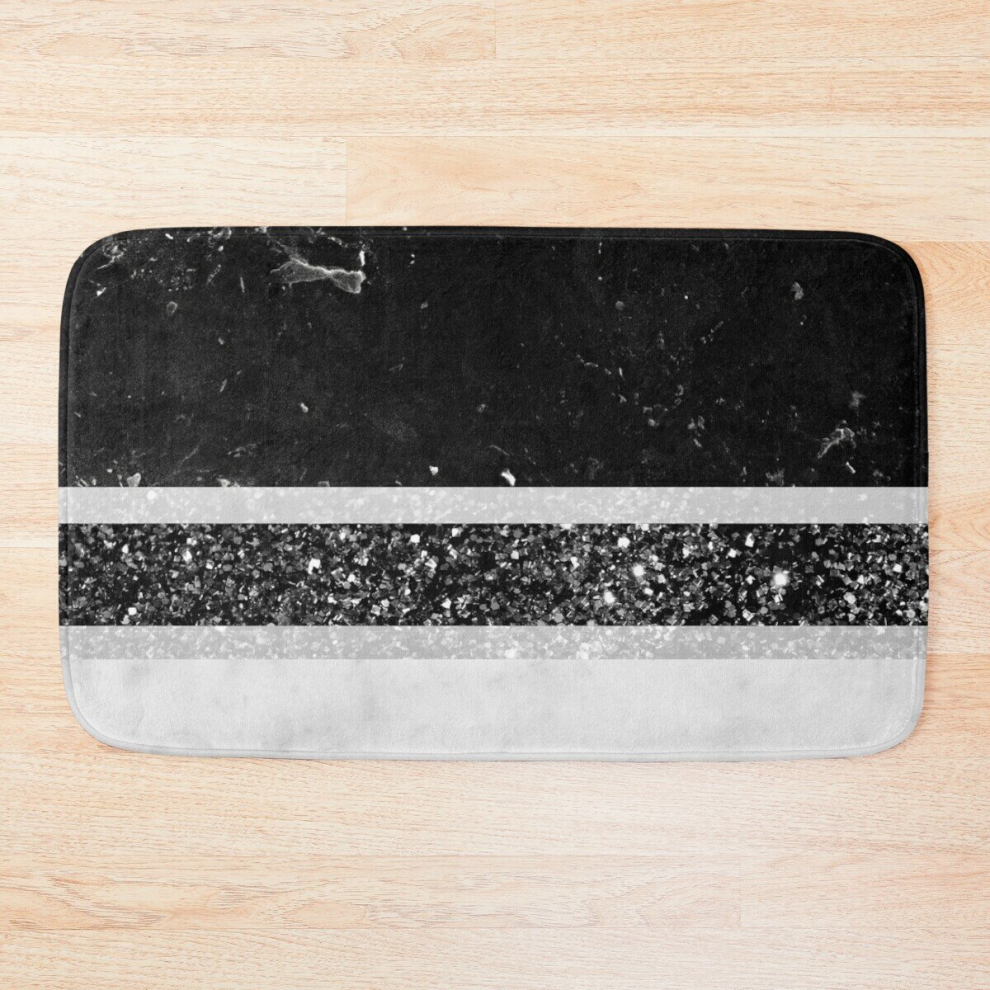 Bath Mat Black and White Marble Black Glitter Stripe Glam #1 (Faux Glitter) #minimal #decor #art 20 x 31 inch Non-slip Bathroom