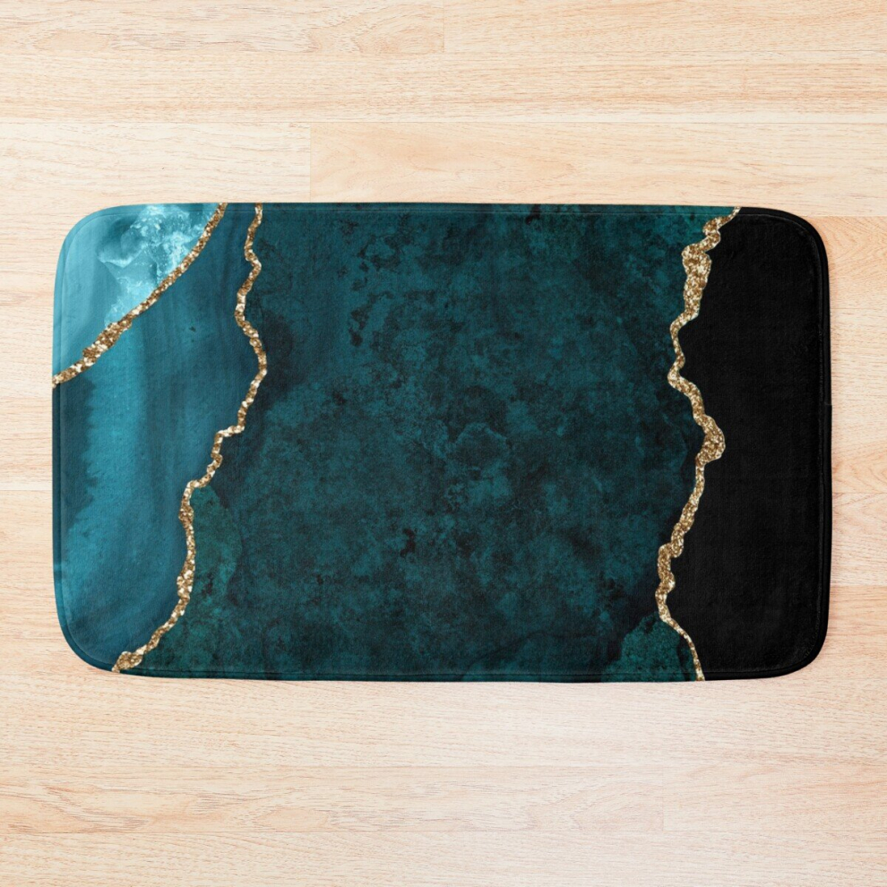 Bath Mat Watercolor Agate in Teal Green and Turquoise with Glitter Veins 20 x 31 inch Non-slip Bathroom