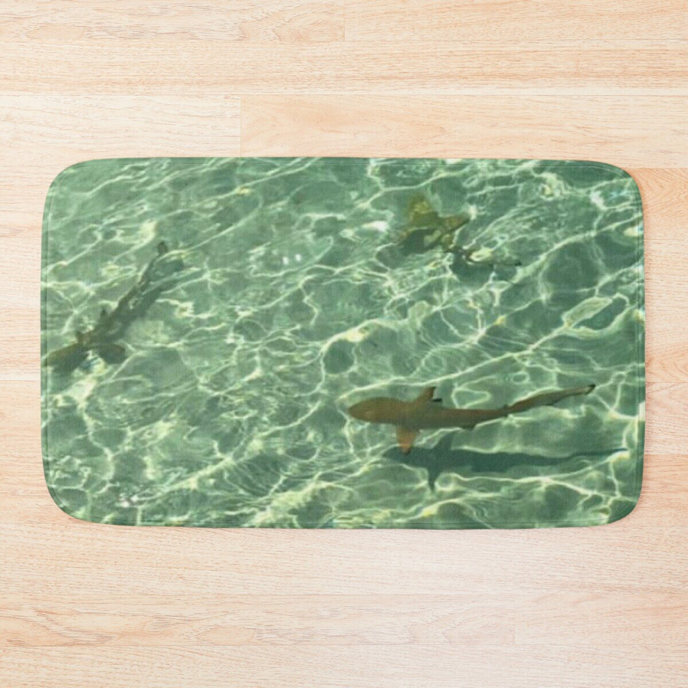 Bath Mat Crystal Aqua Blue Clear Ocean Water With Little Sharks 20 x 31 inch Non-slip Bathroom-image-OPC-PCPZNK7-NEW