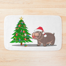 Bath Mat Playful Baby Hippo Holiday Christmas Tree 20 x 31 inch Non-slip Bathroom