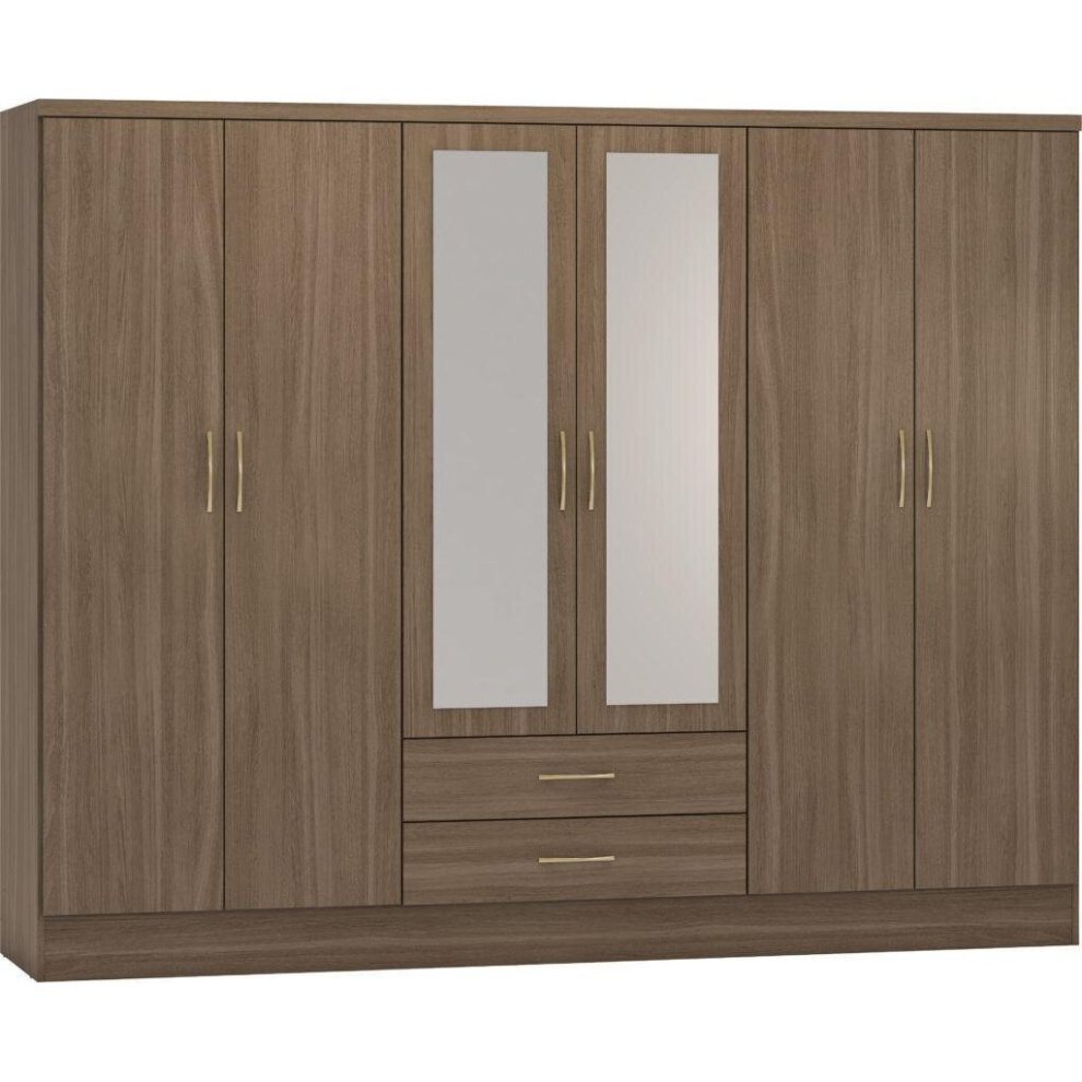 Seconique Nevada 6 Door 2 Drawer Mirrored Wardrobe Rustic Oak Effect Finish Hanging Rail