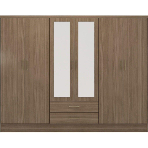 Seconique Nevada 6 Door 2 Drawer Mirrored Wardrobe Rustic Oak Effect Finish Hanging Rail 1