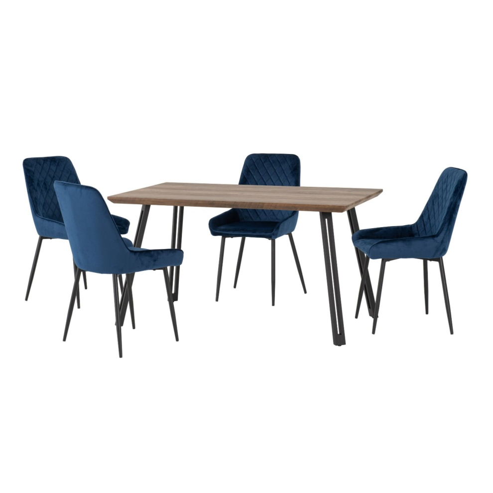 Quebec Straight Edge Dining Set Medium Oak Effect with Blue Velvet Chairs