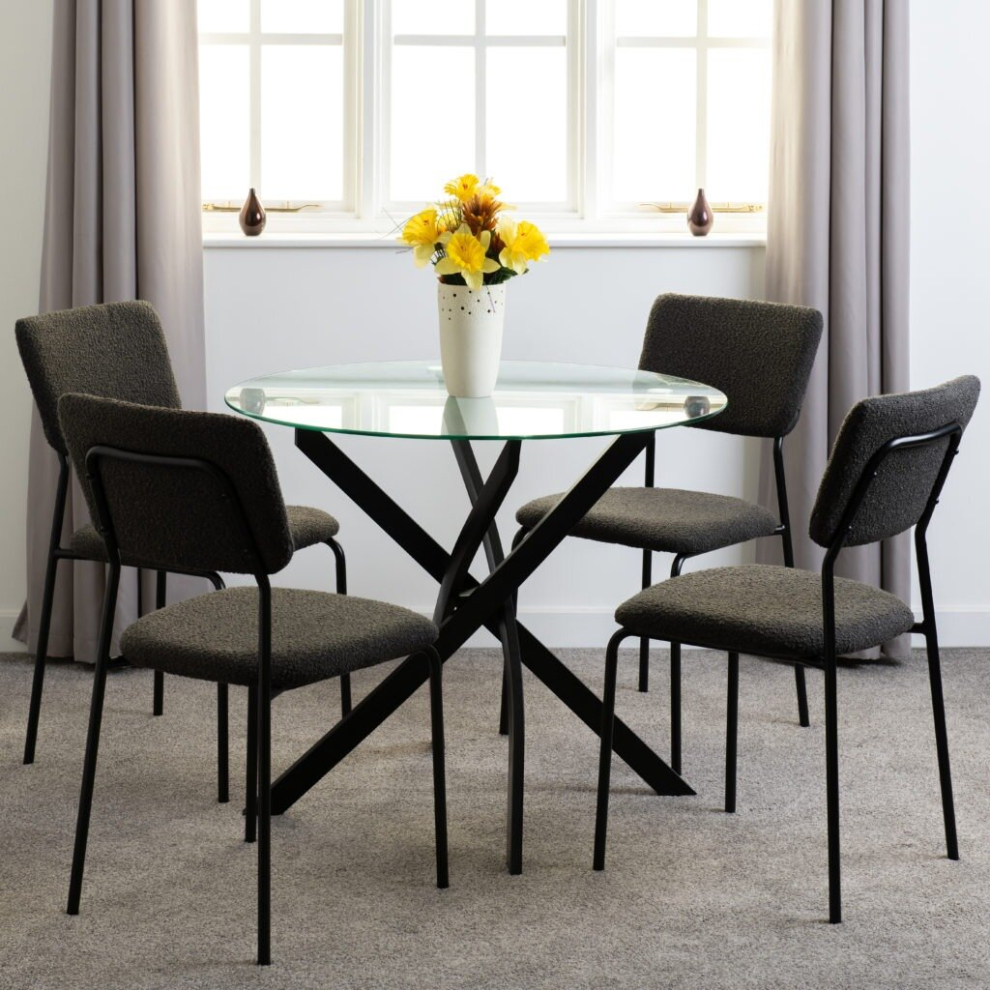 Sheldon Round Clear Glass Top Dining Set with 4 Boucle Grey Fabric Chairs